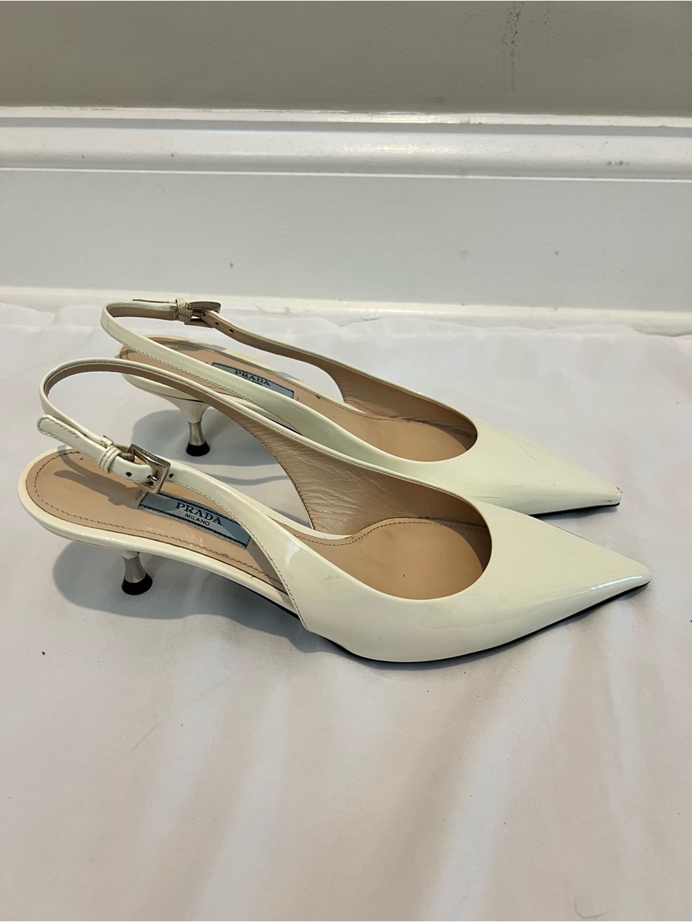 PRADA Ivory Patent Leather Pointed Toe Heels, Size 7 - Picture 4 of 8